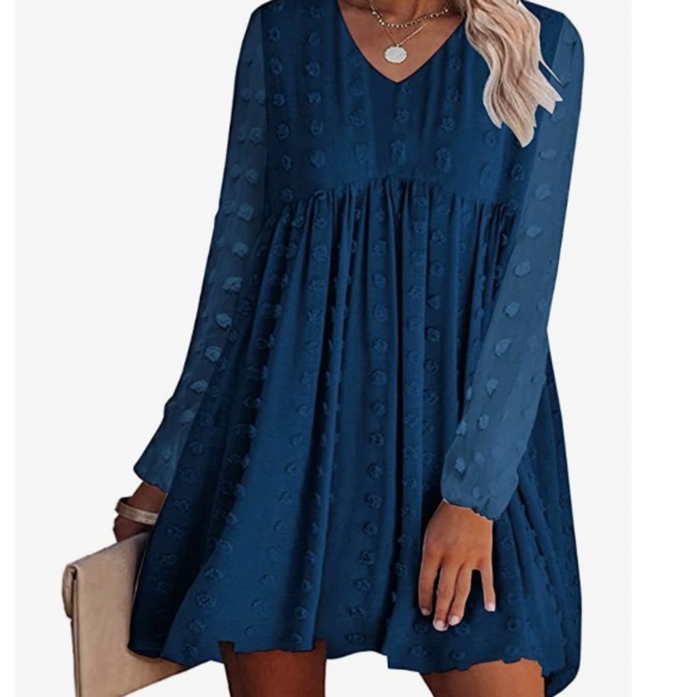 Long sleeve babydoll v neck swiss dot dress